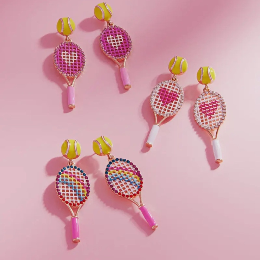 Pink and Yellow Tennis Racket Earrings - Picture 3 of 5